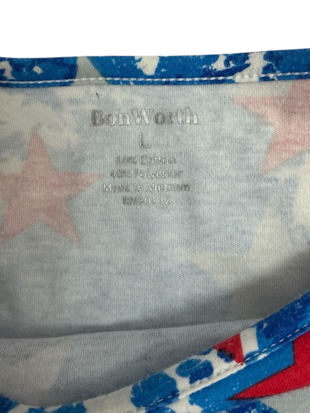 Patriotic Print Top Cotton Blend  3/4 Sleeve Round Neck Red Accent Blue Women L - Picture 10 of 14
